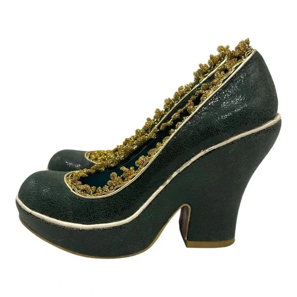 Irregular Choice Green Leather Gold Ricrac Slip On Platform Pumps Heels Women 38 - Picture 2 of 14
